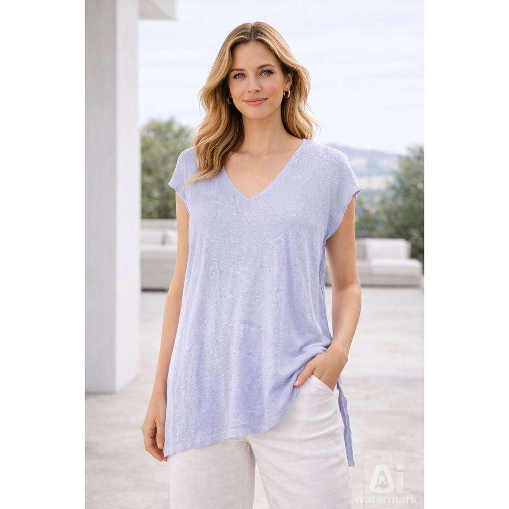 Pure Jill linen Blend Knit Top L lavender Short Sleeve Lightweight Sweater Tunic